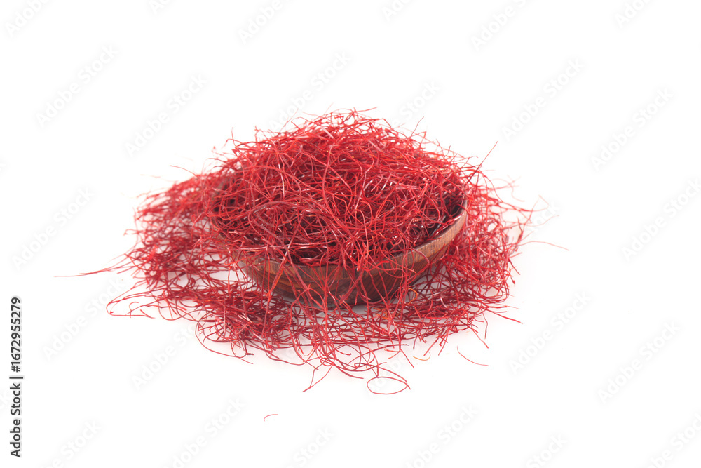 Fototapeta premium Fine Shredded Red Chili Peppers in Wooden Bowl on White Background