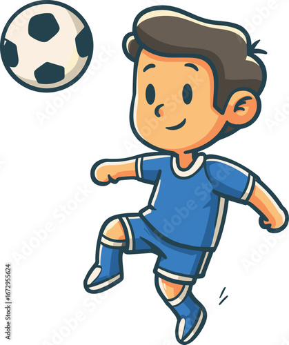 Young boy practicing soccer skills and having fun with ball isolated on transparent background. Vector illustration.