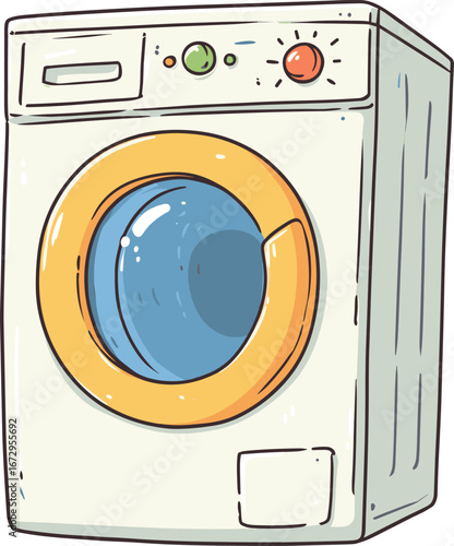 Washing machine design featuring a bright orange door and simple control panel for laundry tasks at home isolated on transparent background. Vector illustration.