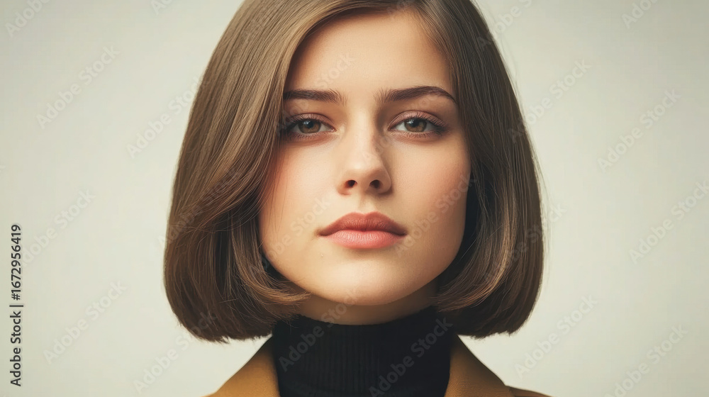 Fototapeta premium Confident woman portrait with short brown hair, soft lighting, neutral background, and calm expression, showcasing modern style and natural beauty