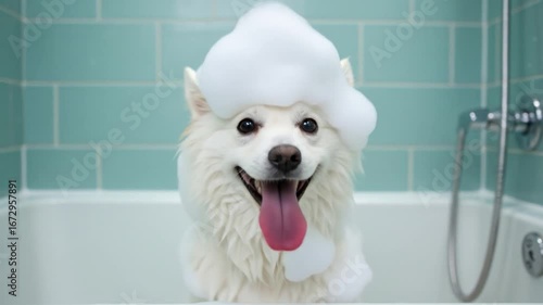 Happy dog enjoying a bubble bath fluffy pet covered in soap having fun in bathtub