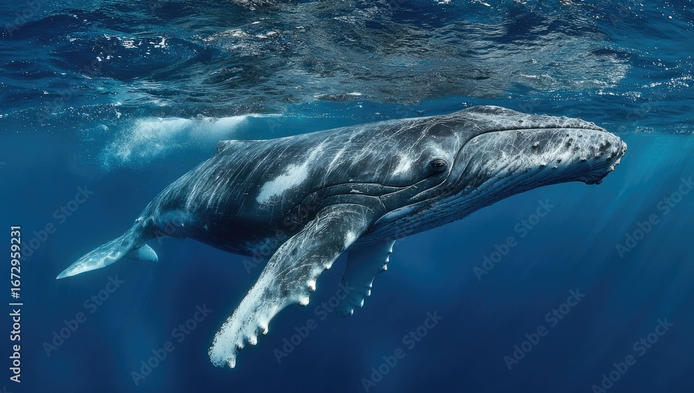 Naklejka premium Humpback whale swimming underwater in ocean
