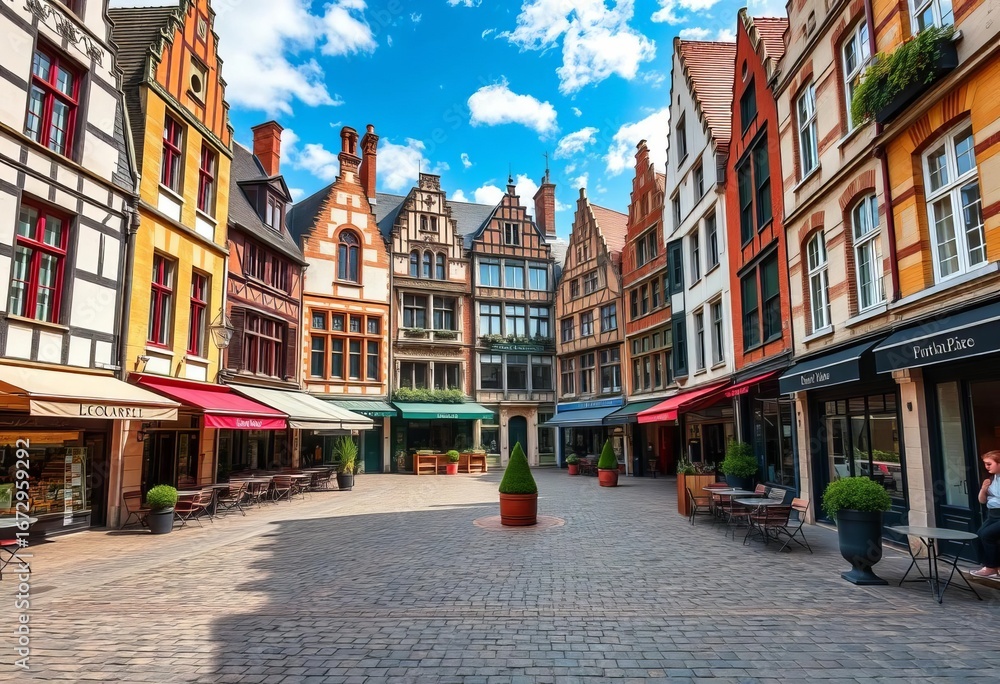Fototapeta premium Charming Rouen square, Norman architecture, cafes, cobblestones, sky, afternoon