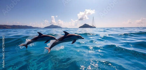 Dolphins playfully swimming near Elba Island, sailboat in distance, vacation, sailboat