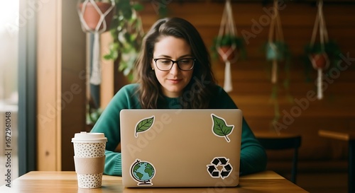 Focused Woman Working on Laptop with Eco-Friendly Stickers in Cozy Cafe, Enjoying Coffee Break and Natural Light