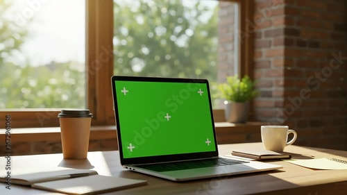 Wallpaper Mural Laptop computer on desk by window greenery background Torontodigital.ca