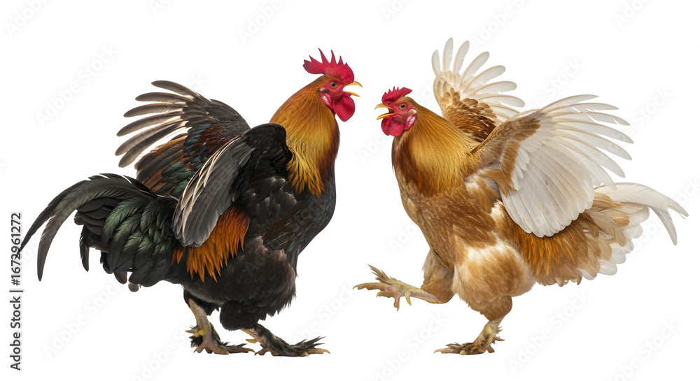 Fototapeta premium Two roosters facing each other in a standoff ready to fight and assert dominance