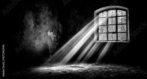 Sunlight streams through a window in a dark, aged room