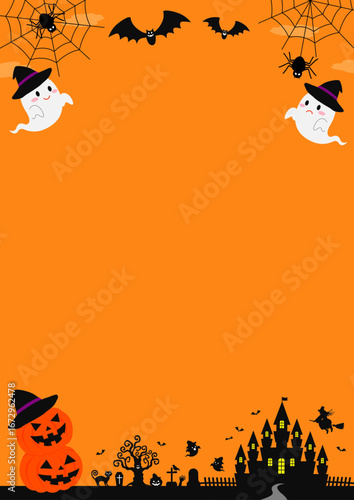 城やお化けが集まっているオレンジ色の空のハロウィンの縦向きのフレームイラスト

