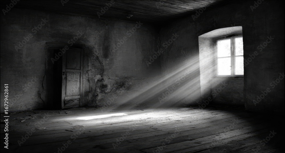 Obraz premium Empty room, sunbeams, dark, old