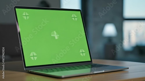 Laptop computer with green screen indoor