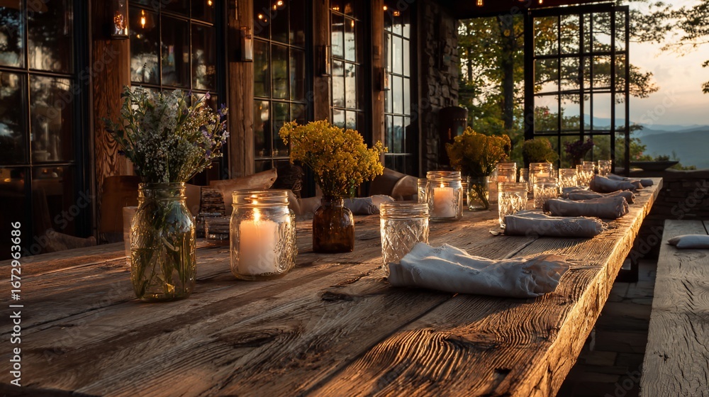 Obraz premium Rustic table set with flowers and candles at dusk, mountain view backdrop
