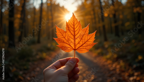 Hand Holding Maple Leaf Against Sunlight in a Forest During Autumn