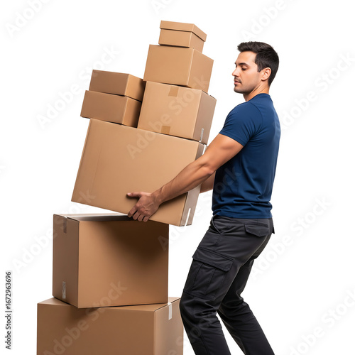 Man Lifting Stack of Boxes in Modern Warehouse