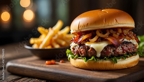 Gourmet Beef Burger with Melted Cheese, Caramelized Onions, Crispy Bacon, and Fries on a Wooden Board