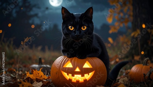 black cat on jack-o-lantern under moonlight halloween night