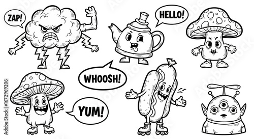 Whimsical Cartoon Character Set with Diverse Emotions on Isolated White Background, Featuring Angry Cloud, Happy Hot Dog, Playful Mushrooms, and Quirky Alien.