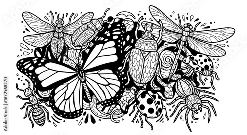 Detailed insect pattern illustration on isolated white background, intricate butterfly, dragonfly, and beetle line art design.