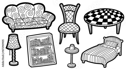 Set of Hand-Drawn Doodle Furniture Items for Home Interior on Isolated White Background, including sofa, chair, and bed.