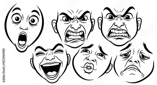 Set of Cartoon Black and White Facial Expressions on Isolated White Background, depicting human emotions like anger, surprise, and laughter.
