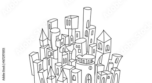 Hand-Drawn Doodle City Skyline with Buildings and Skyscrapers on Isolated White Background, cartoon urban landscape.