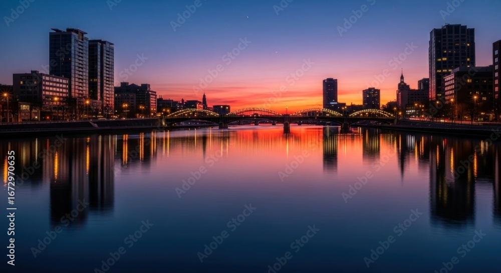 Obraz premium City skyline at dawn, reflected in calm river waters. Sunrise colors paint the sky. Buildings and bridge silhouettes are prominent