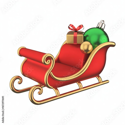 Red Santa sleigh with golden details, 3D glossy illustration, isolated on white background, symbolizing Christmas gift delivery and holiday joy.