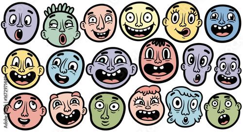 Set of diverse cartoon faces with funny and exaggerated expressions in bright studio.