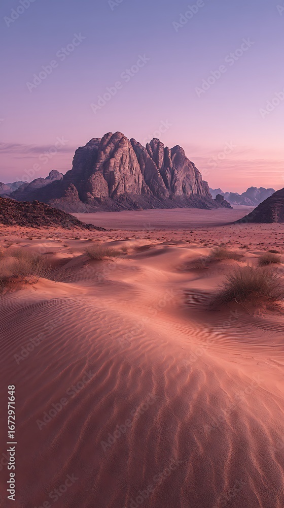 Naklejka premium Wadi Rum Sand Dunes and Rock Formations at Sunset, Jordan
