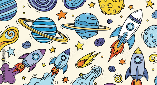 Colorful doodle pattern of outer space objects including planets, rockets, stars, and comets on a light beige background.