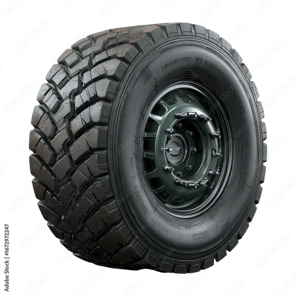 Obraz premium Heavy duty off road tire with aggressive tread pattern on a dark metal rim