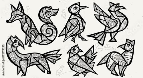 Set of stylized geometric animals including a fox and various birds, black and white line art with abstract patterns on a bright studio background.