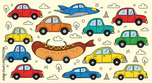 Whimsical cartoon scene with colorful cars, a unique hotdog car, and an airplane on a light yellow background with clouds.