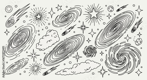 Doodle pattern of cosmic objects including galaxies, stars, comets, and nebulae, black and white line art on a bright studio background.