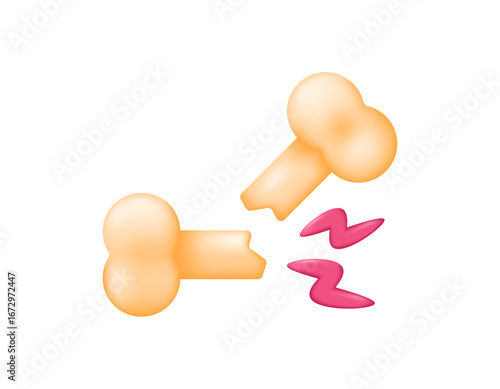 Broken bone illustration. Bone broken in two. Problem, accident, injury. 3d style symbol design. White background