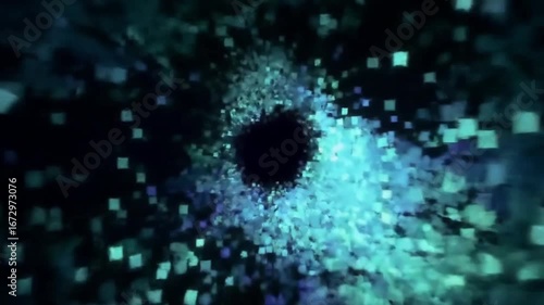 Abstract futuristic background featuring a swirling vortex of glowing blue digital particles streaming into a dark central void, symbolizing data and technology