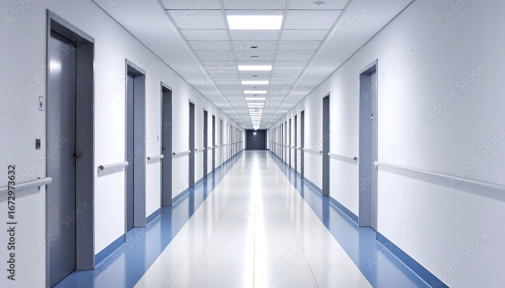 Fototapeta premium Modern Hospital Corridor with Doors and Lights.