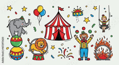 Colorful Circus Show Performance with Animals and Performers in Bright Studio
