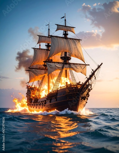 Fiery pirate ship at sunset