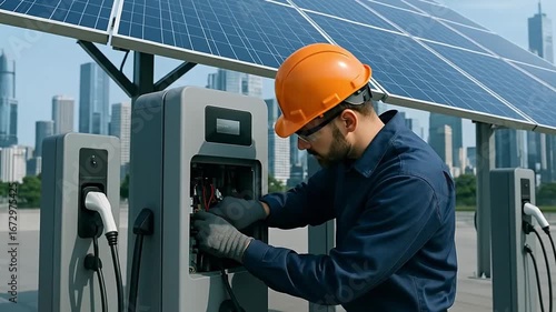 Technician inspecting electric vehicle charging station powered by solar panels, with a modern city skyline, symbolizing sustainable urban energy.
