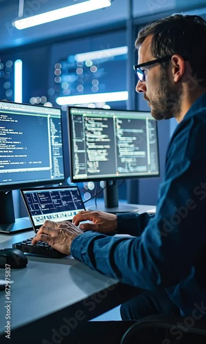 Focused person working at computer workstation night