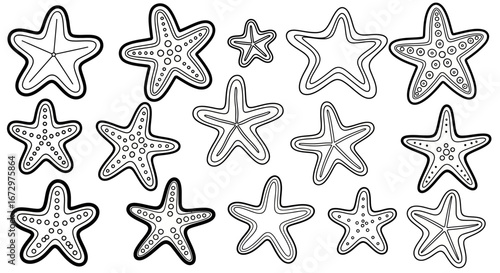 Set of different starfish in various sizes and patterns, perfect for a coloring book on an isolated white background.