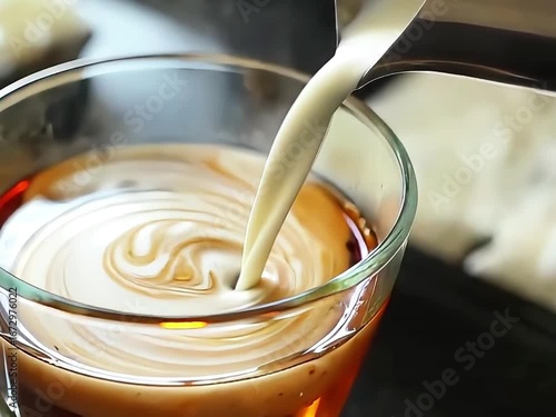Pouring fresh milk into hot tea creating creamy swirl, close up beverage preparation background