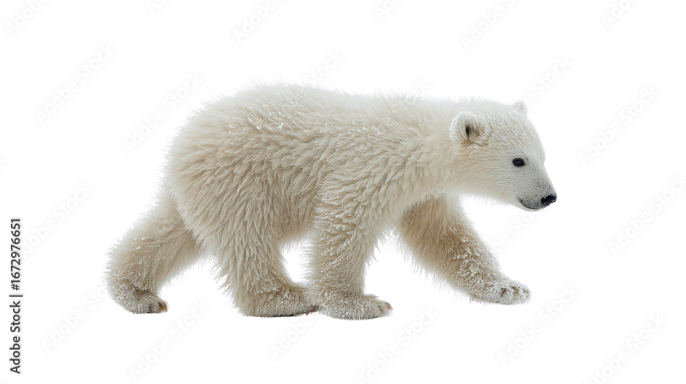 Fototapeta premium Polar bear cub walking with tiny steps captured isolated on a Transparent background, PNG file.
