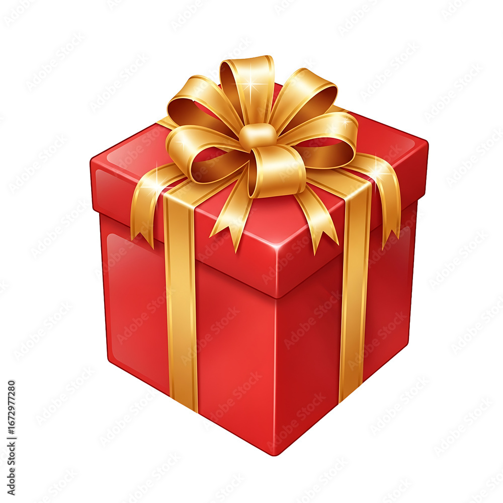 Obraz premium Elegant Red Gift Box with Gold Ribbon and Bow on white Background