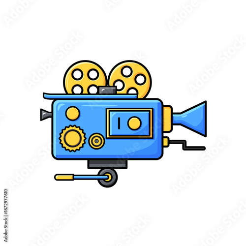 Flat vector illustration of a vintage movie camera with reels and lens. Suitable for film industry themes, cinema posters, video production, entertainment, media, and creative projects.