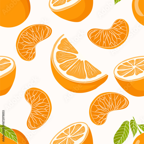 Juicy seamless orange pattern with slices and leaves. Ideal for summer, citrus, healthy food designs, fabric prints, packaging, and fresh backgrounds.