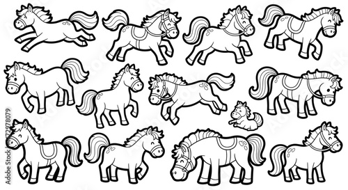Set of playful cartoon horses in various dynamic poses like standing, trotting, and rearing, in black and white outline on an isolated white background.