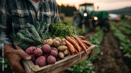 A farmer proudly holding a wooden crate filled with freshly harvested vegetables, showcasing the bounty of the field, the tractor is in the background.