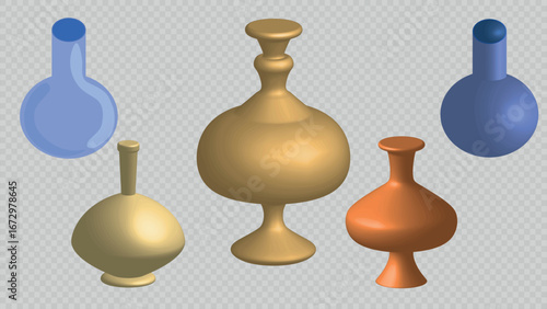 Vector illustration of decorative vases with modern design on a transparent background. Perfect for interior decor, floral arrangements, and creative design projects.